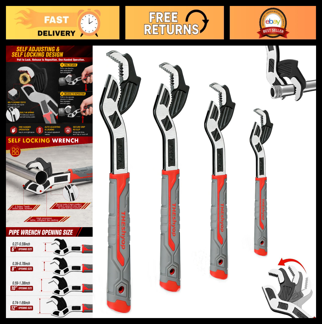 Self-Adjusting Pipe Wrench Set, 4 Pcs Locking Wrenches 6-12 Inch for Plumbing Fi