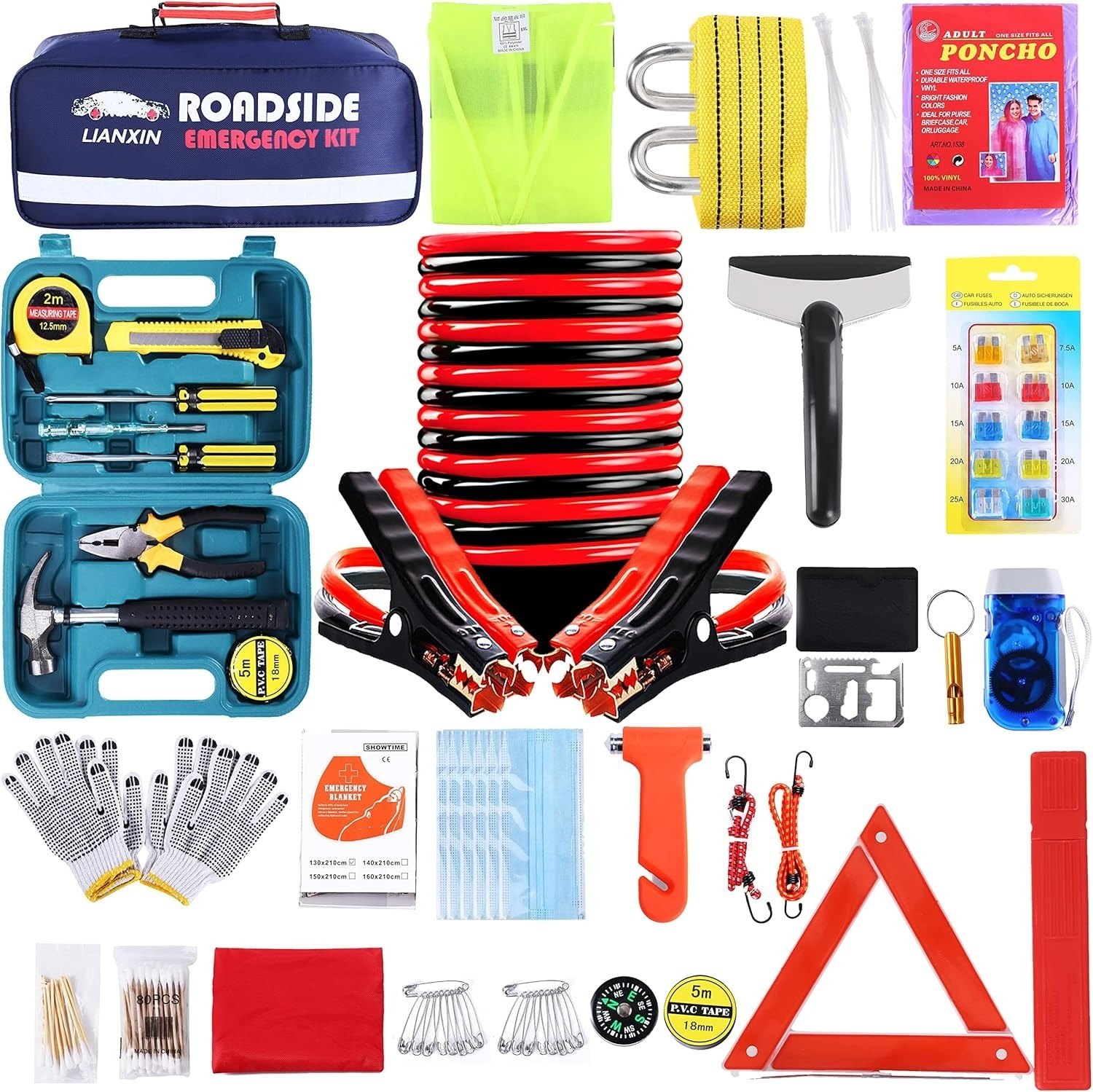 Roadside Assistance Emergency Kit - Car Emergency Kit with Jumper Cables (Upgrad