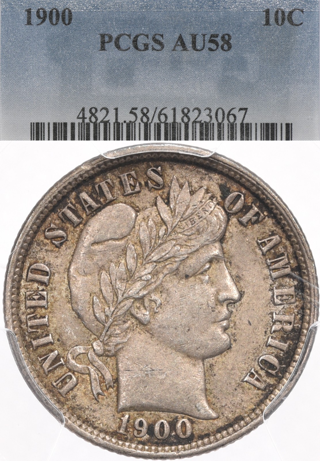 1900 10C PCGS AU58 Barber Silver Dime Philadelphia Everyman