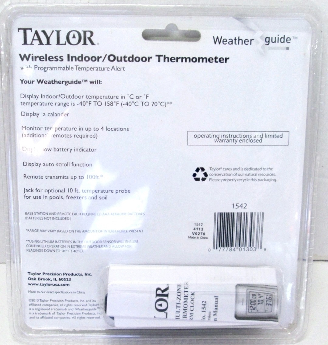 Taylor Wireless Indoor/Outdoor Thermometer with Programmable Temperature Alert