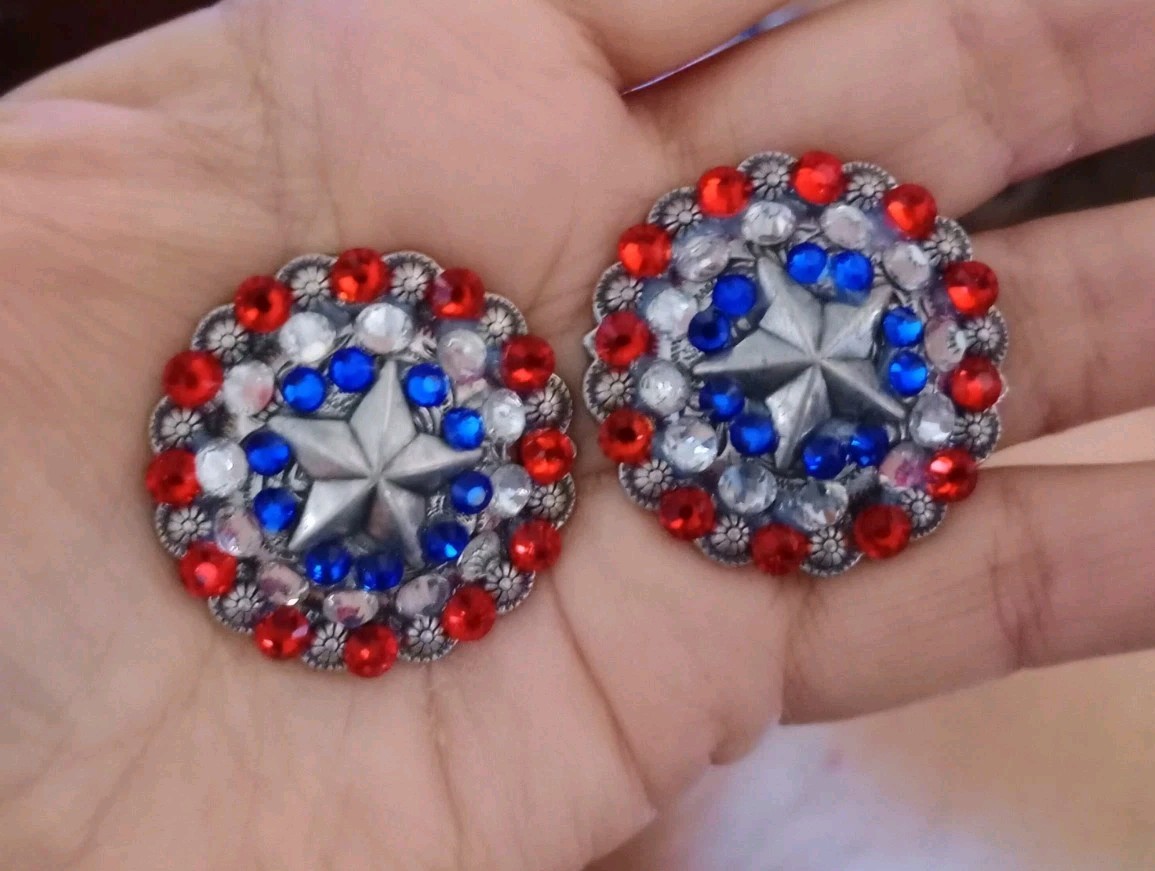 2 pc 1 1/2"  crystal bling bridle BERRY  concho set conchos  RED WHITE BLUE