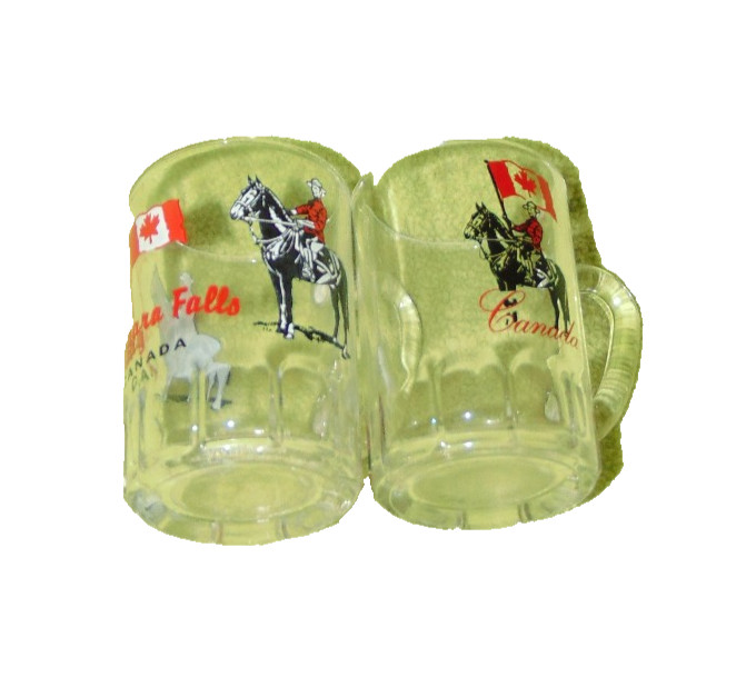Vintage Canadian Canada Niagara Falls And Mounty Clear Glass Shot Mugs