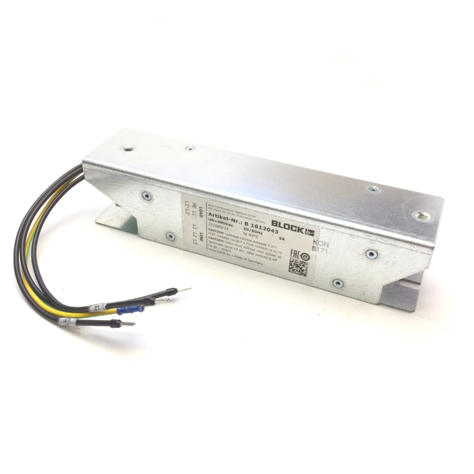 Block Transformatoren Artikel-Nr: B1612043 Transformer Rating: 480VAC 50/60Hz 5A