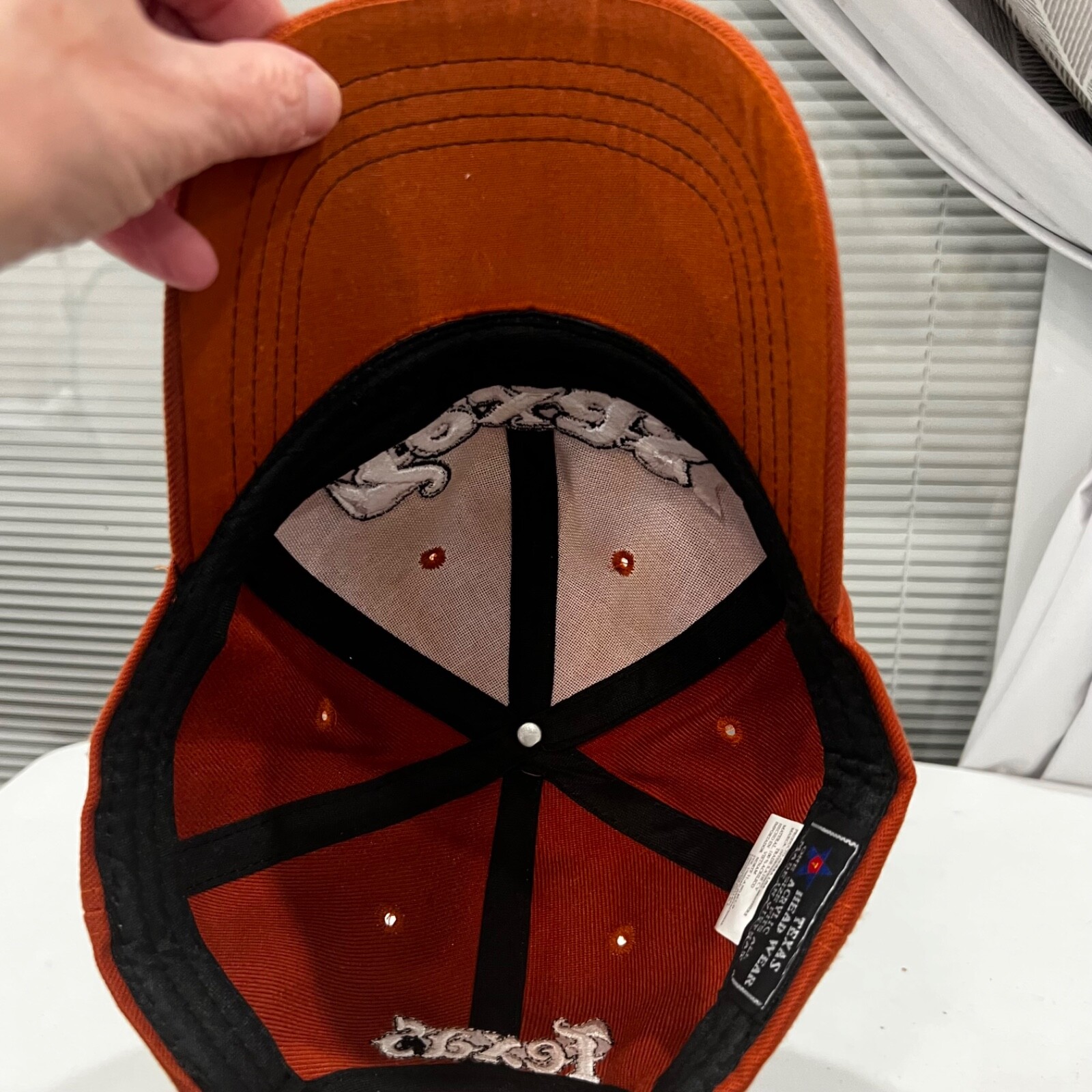 Texas in White on Orange Hat Cap Hook Loop Texas Headwear EUC