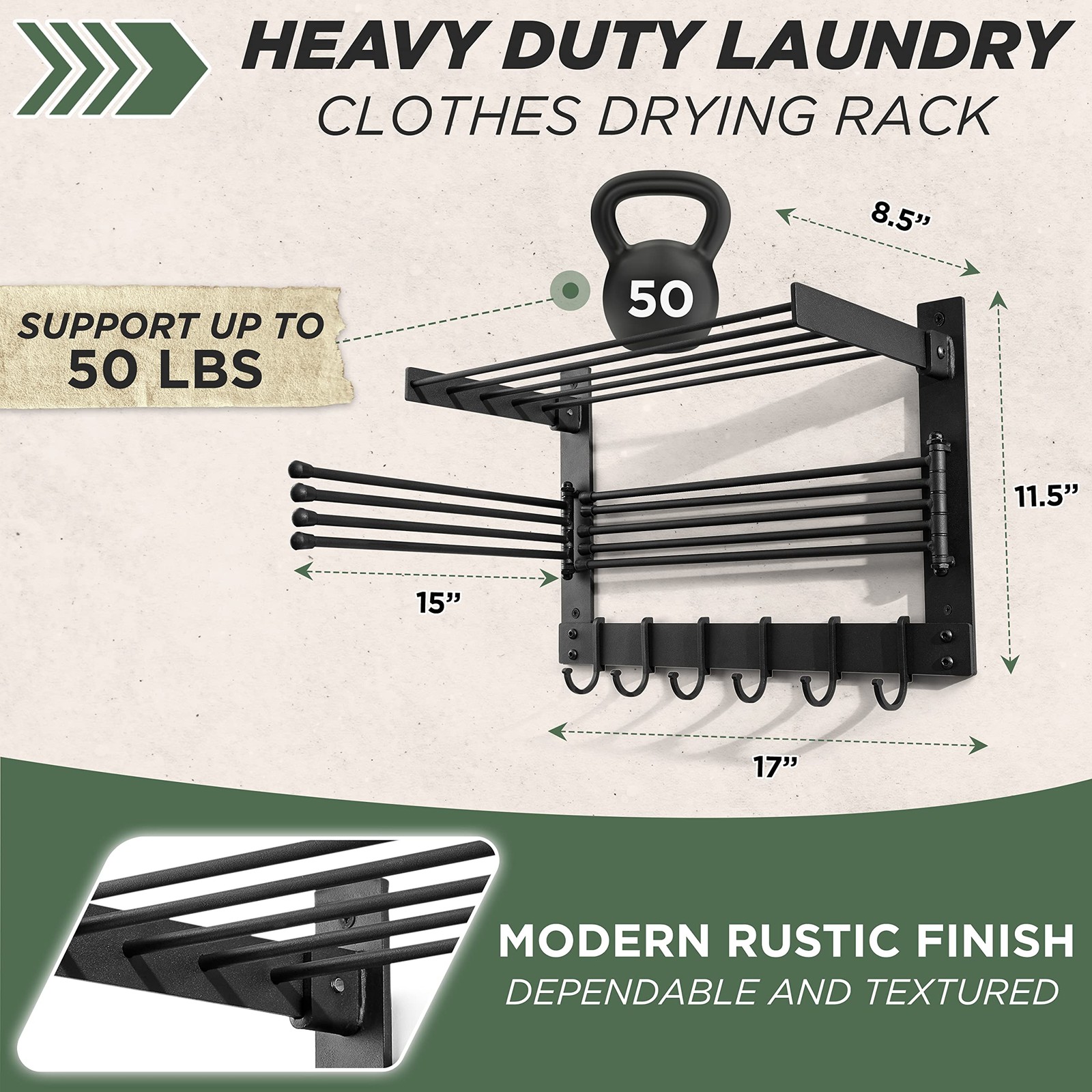 BATODA Wall-Mounted Steel Clothes Drying Rack, Solid Steel, Multi-function