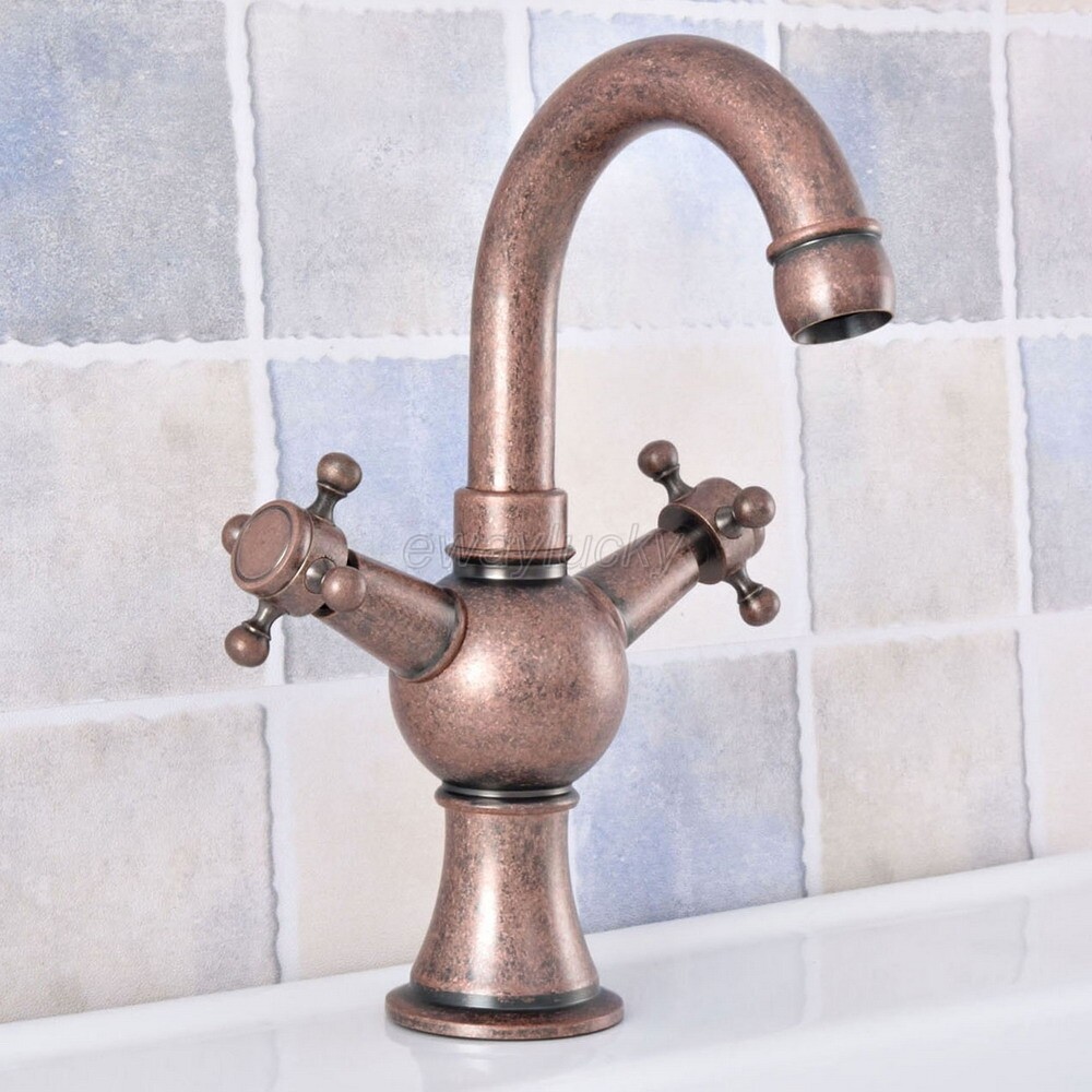 Antique Copper Cross Handle Swivel Spout Kitchen Sink Faucet Mixer Tap wsf628
