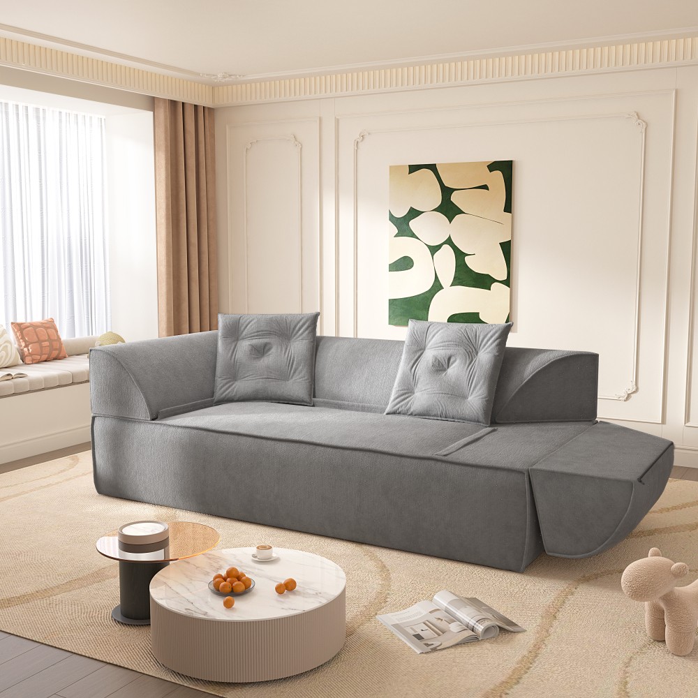 3-in-1 Convertible Sofa Bed w/ Pillows, Deep Seat 79.5" Chenille Couch, Grey