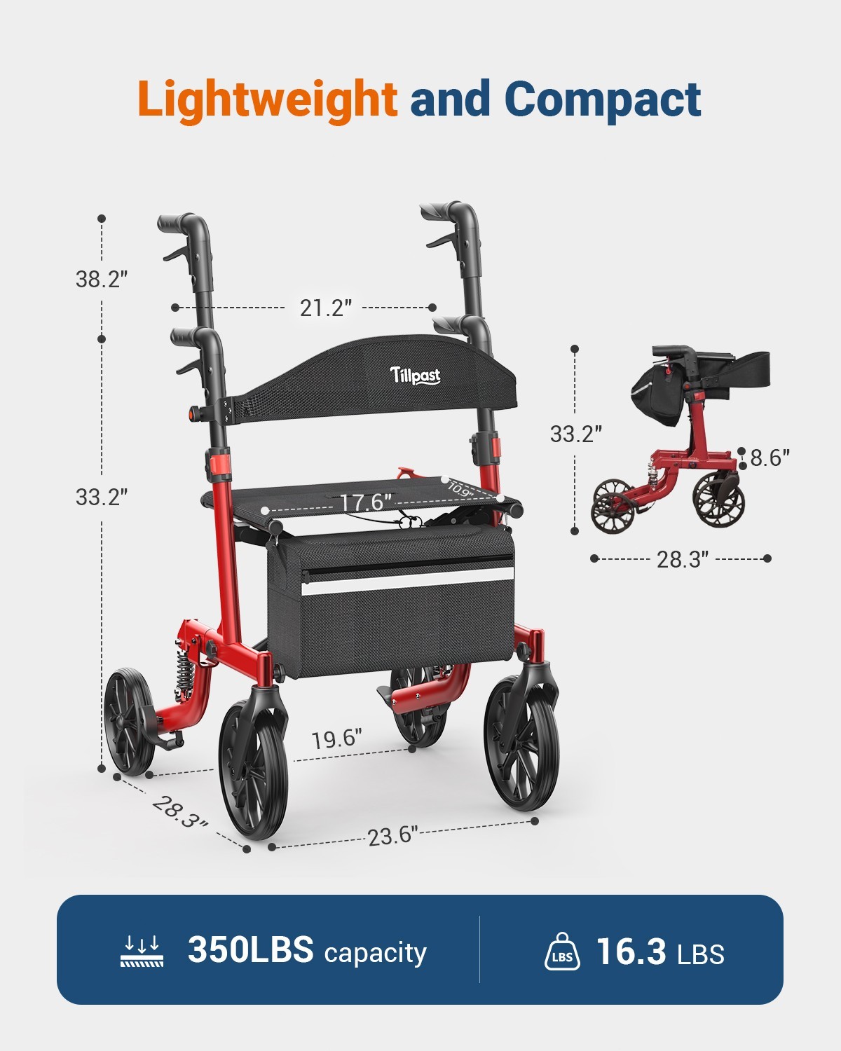 Lightweight Folding Rollator Walker with Seat for Seniors Adjustable Height350lb