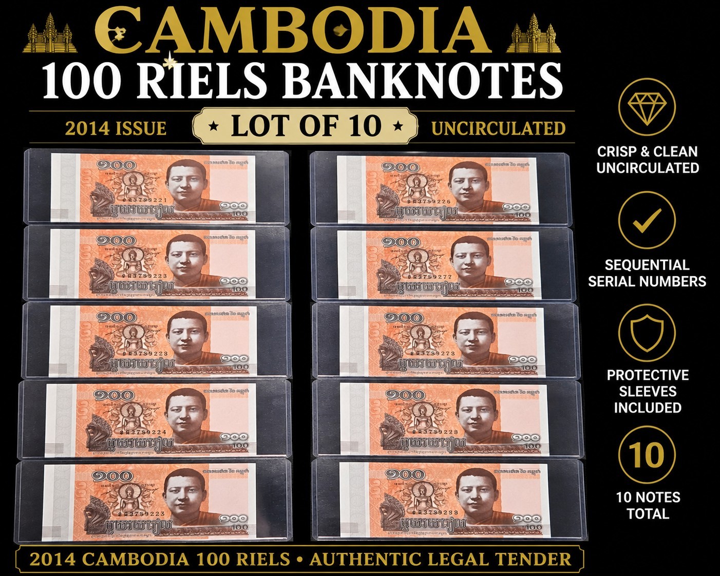 2014 Cambodia 100 Riels Banknotes Lot of 10 UNC Sequential Serial Numbers