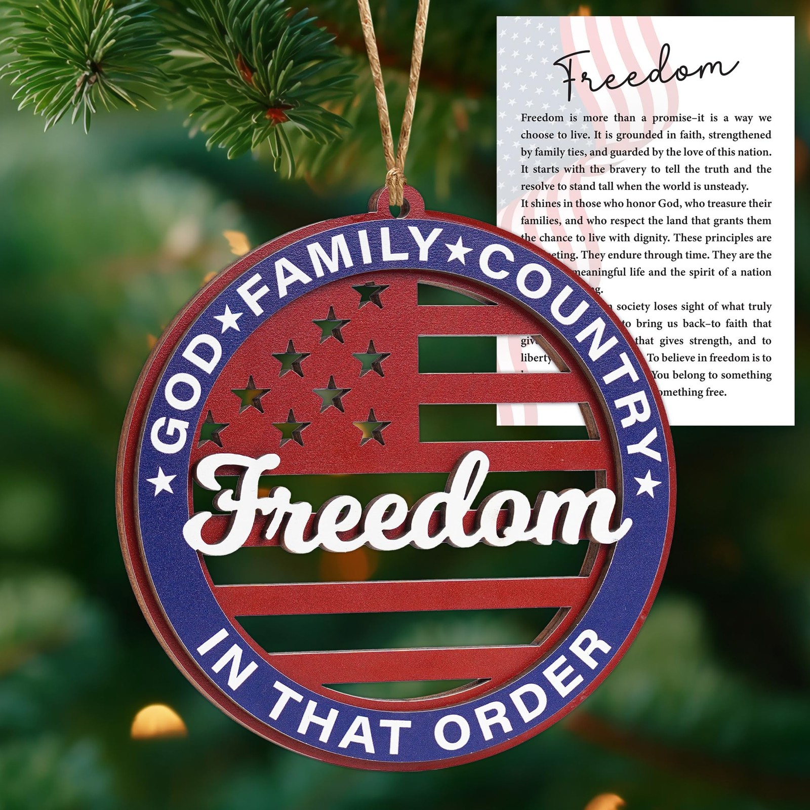 God Family Country Patriotic Christmas Ornaments, Wooden 2-Layer American Fla...