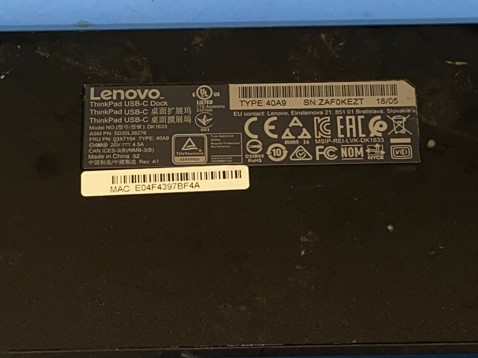 LENOVO THINKPAD USB-C DOCK MODEL:DK1633