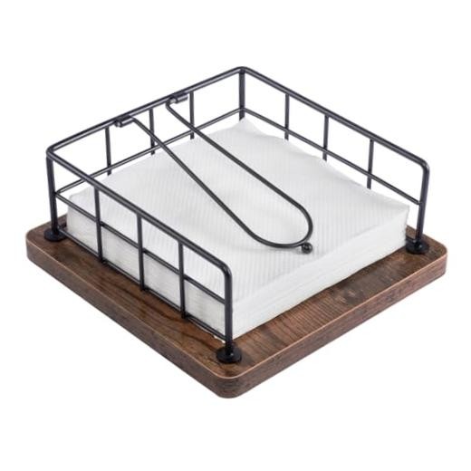 Weighted Arm Napkin Holder – Stylish Wood and Iron Design, Metal Base for