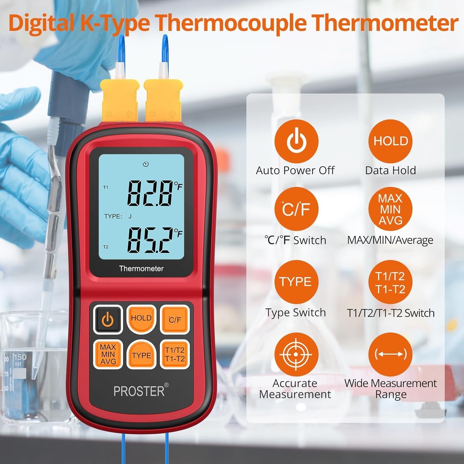 Digital Thermometer with Dual K Type Probes, High Temp Meter, LCD Display