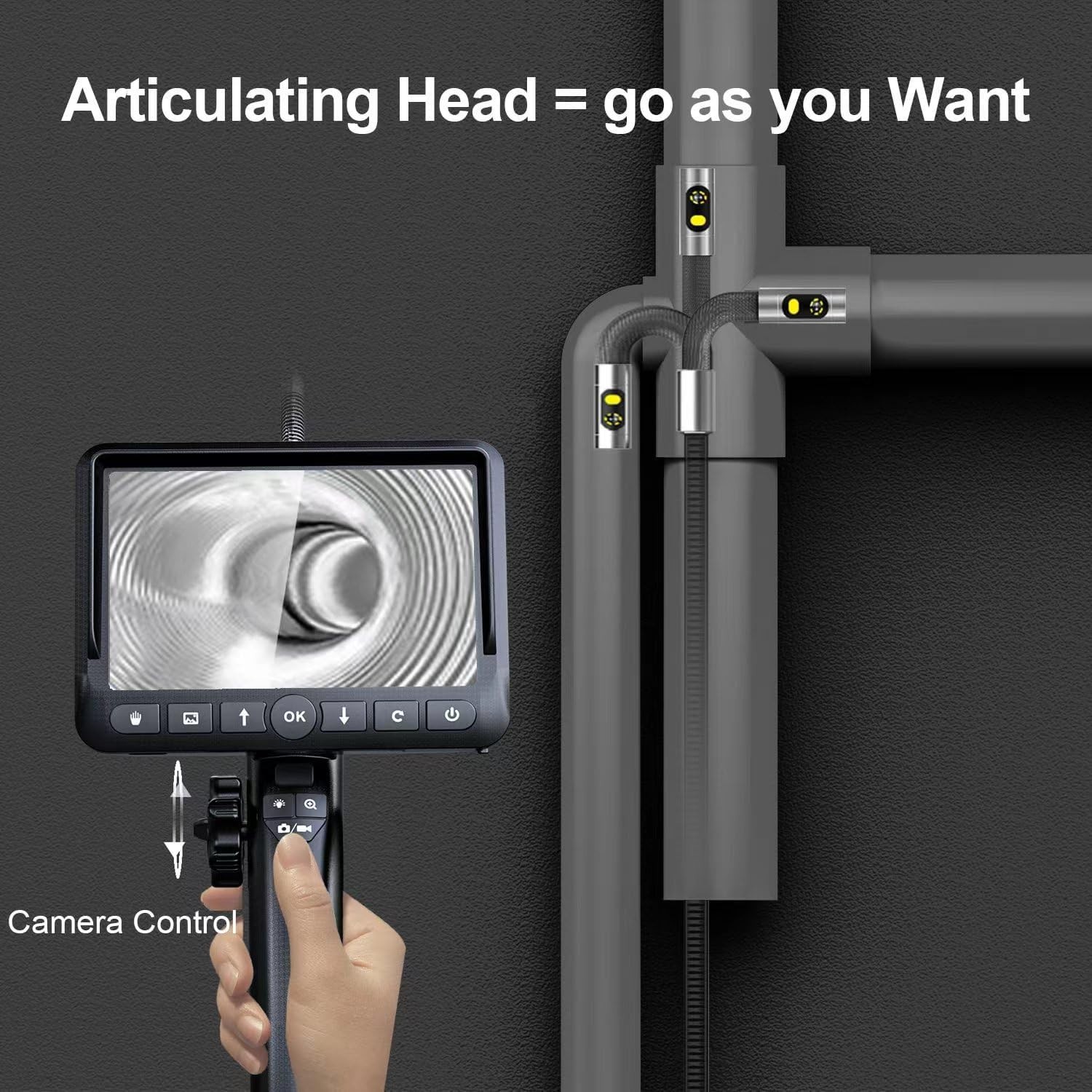 Dual-Lens Articulating Borescope, Engine Endoscope with 0.33in Two-Way Articu...