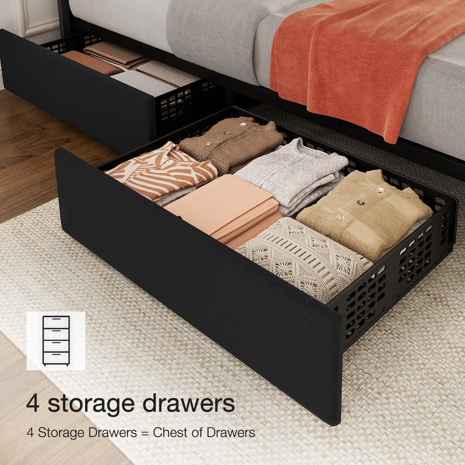 Bed Frame Queen Size with 4 Drawers Modern Linen Upholstered Platform