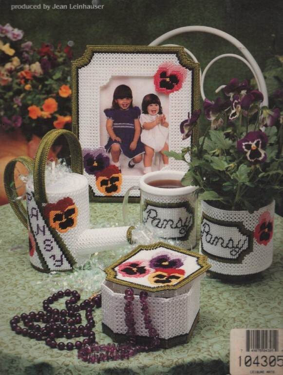 OOP!!! PLASTIC CANVAS PRETTY PANSIES COASTERS/TISSUE COVER/MORE!!!