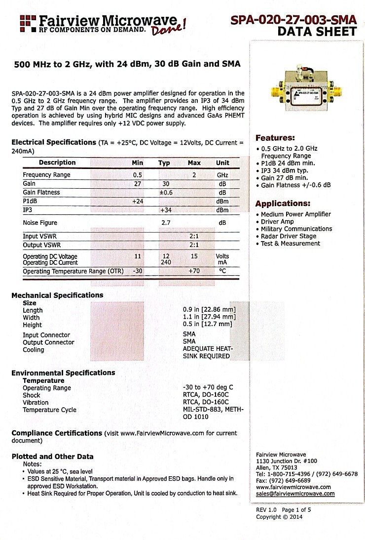 RF AMPLIFIER 0.5-2.5GHz 30db 27dbm 12V 0.2A SPA-020-27-003-SMA