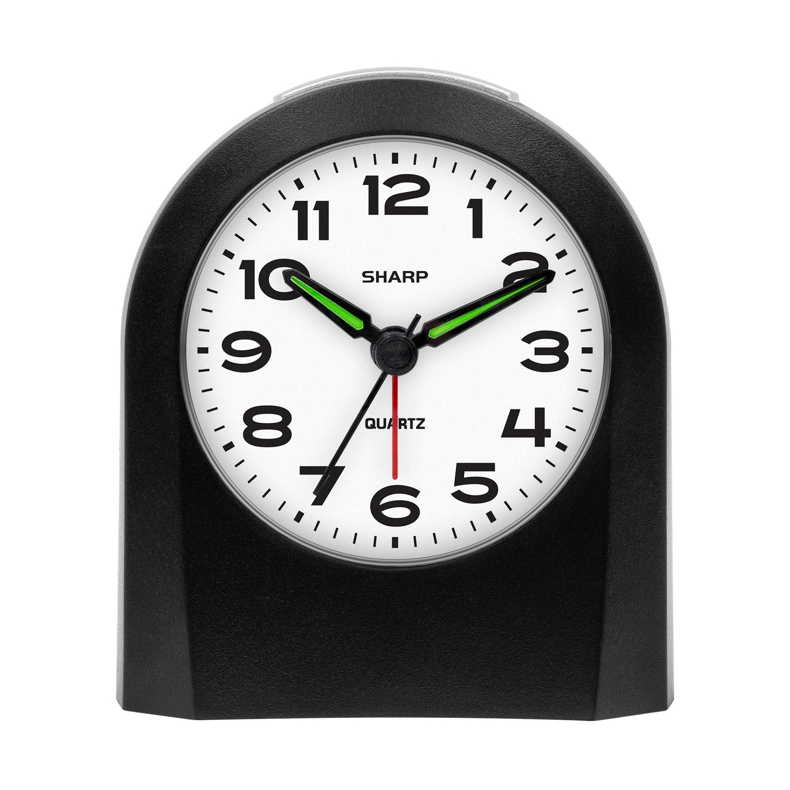 Sharp Small Battery Operated Analog Alarm Clock Silent No Ticking, Black