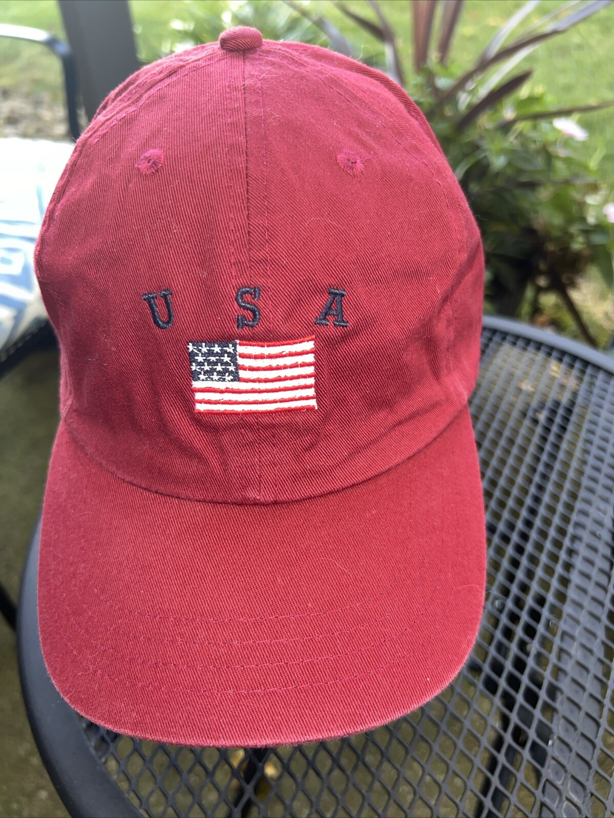 American Flag USA in RWB on Maroon Hat Cap Cotton EUC