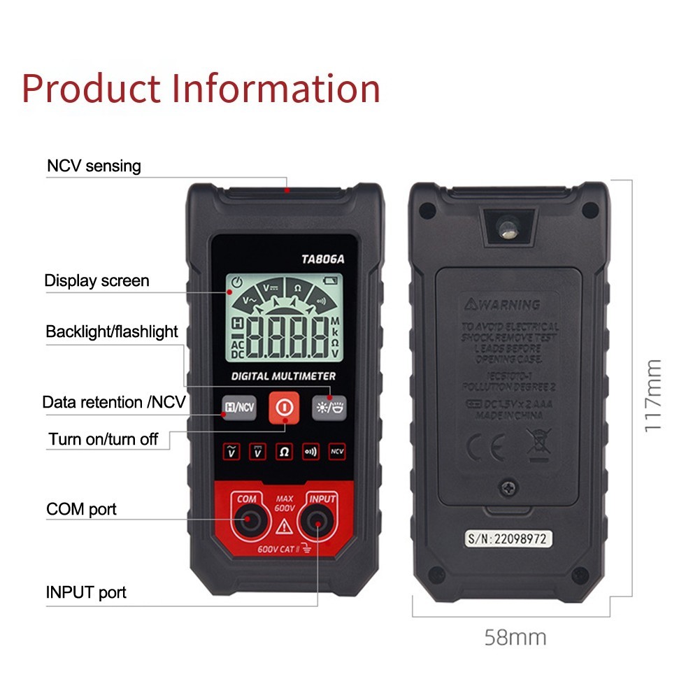 Digital TA806A Multimeter with Auto Ranging and Easy Operation Features