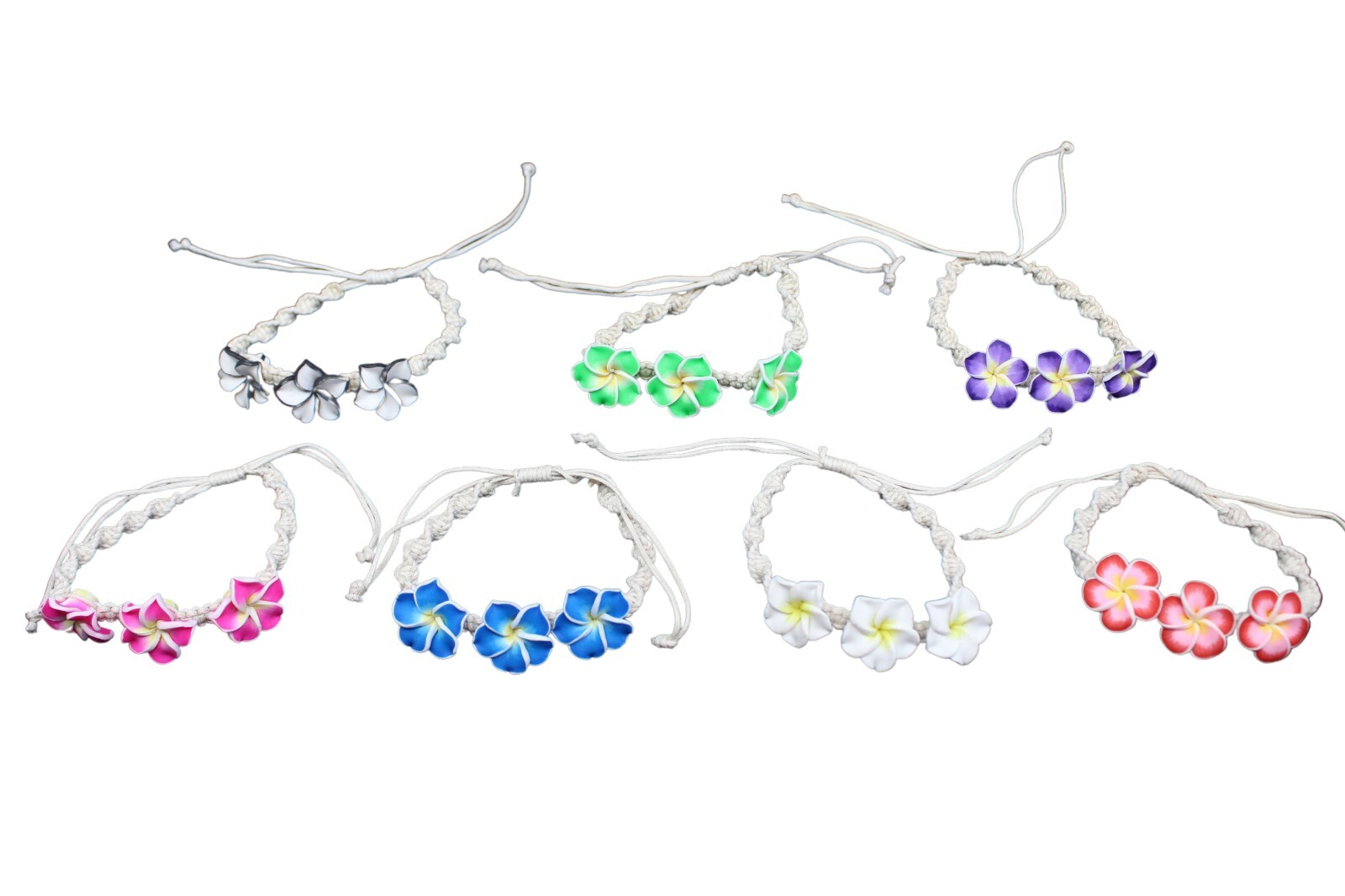 Hawaii Fimo Plumeria Flower Bracelet / Anklet - Adjustable, Hemp, Beach Style