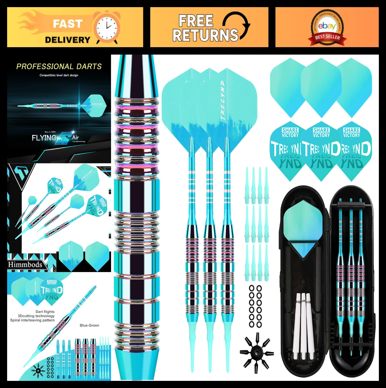 Professional Soft Tip Darts Set - 3 Aluminum Shafts, 2BA Tips, Extra Flights & S