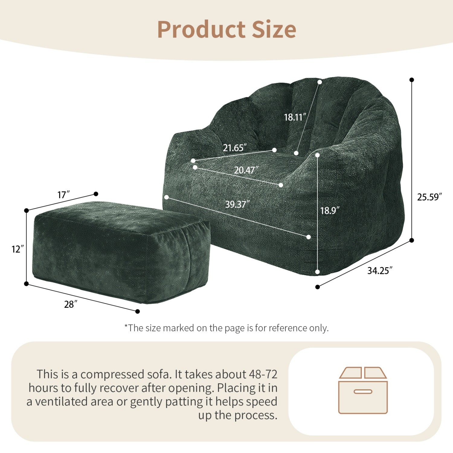 Small Space Bean Bag Chair w/ Ottoman & Memory Foam Filled for Apartment Bedroom