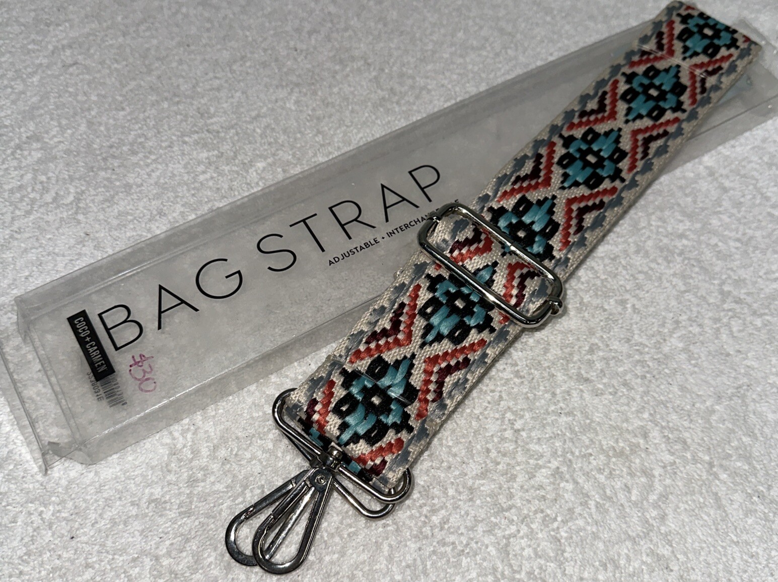 NEW - 2" Embroidered Bag Strap with Silver Hardware by Coco & Carmen, Adjustable