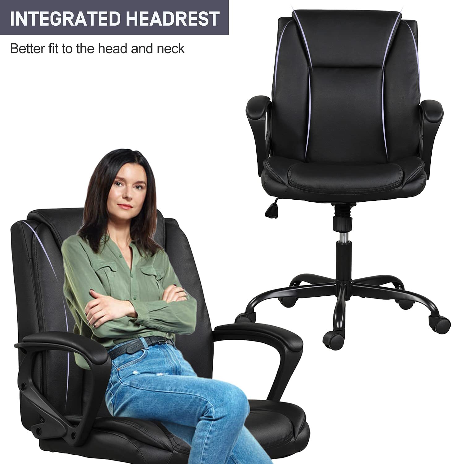 Mid Back Office Computer Desk Chair Ergonomic PU Leather Swivel Executive Chair