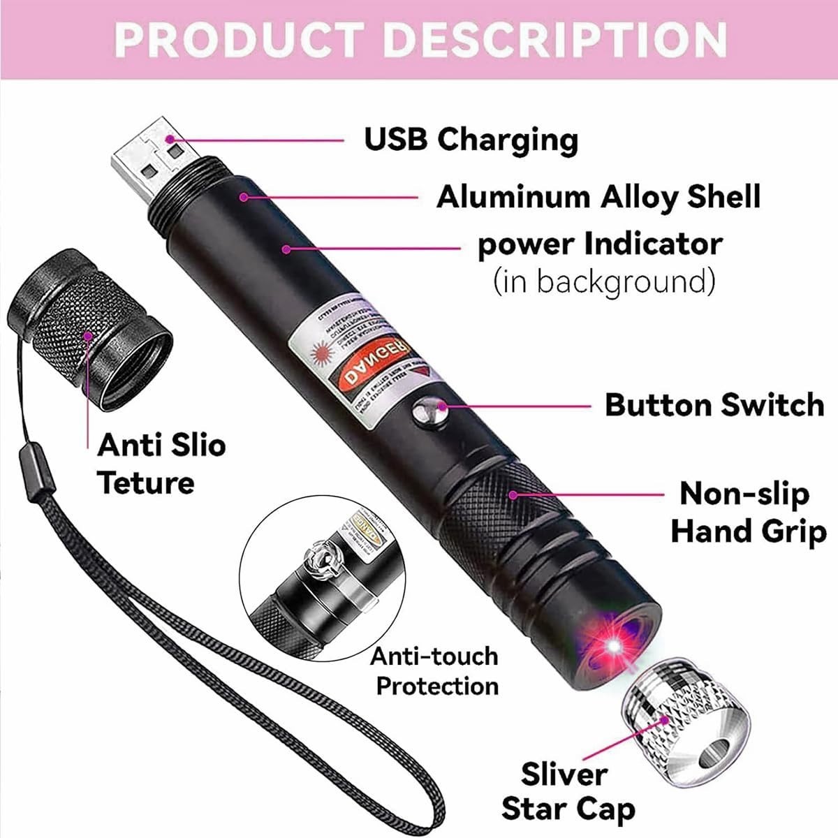 Red Laser Pointer USB Charging Office Teaching Flashlight Laser Pointer Cat T...