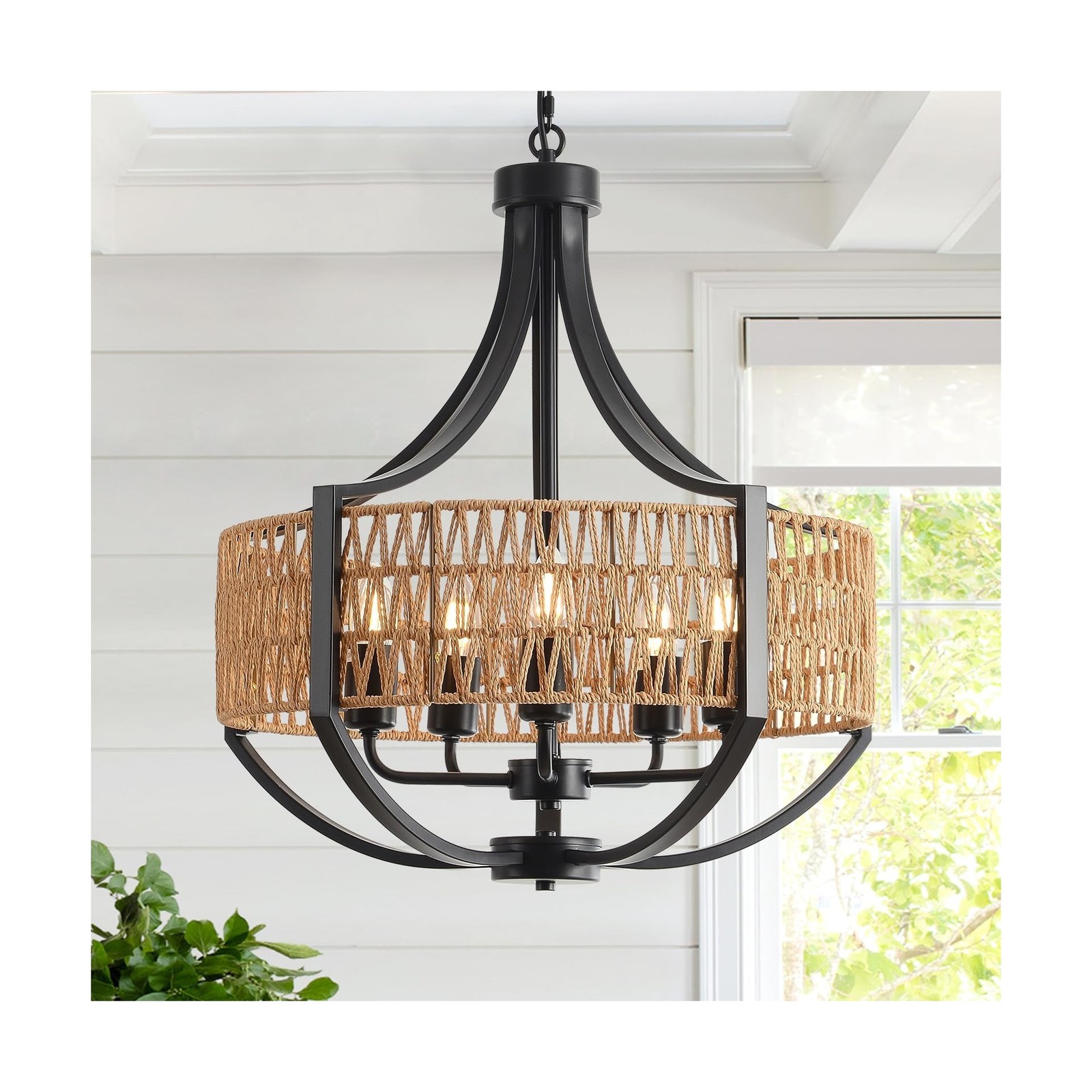20" Rattan Farmhouse Chandelier Light Fixtures,5-Light Rustic Rattan Pendant ...