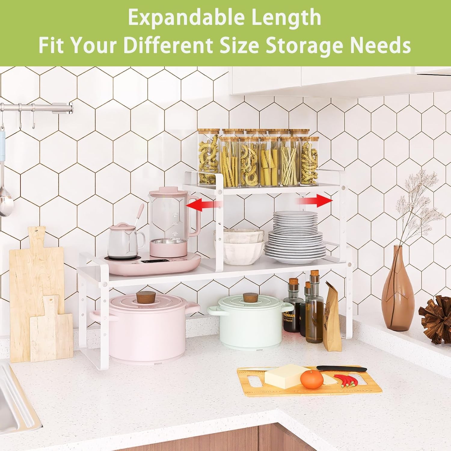 Expandable Cabinet Shelf Organizer Rack Stackable Kitchen Counter Storage