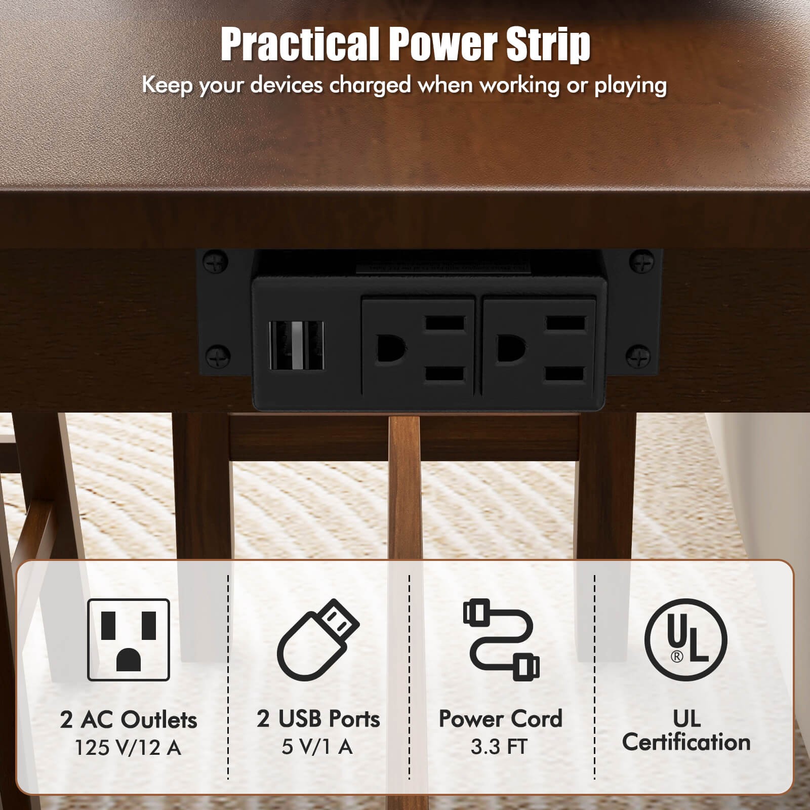 4 PCS Bar Table Set w/ Power Outlet Table & 3 PVC Leather Upholstered Bar Stools