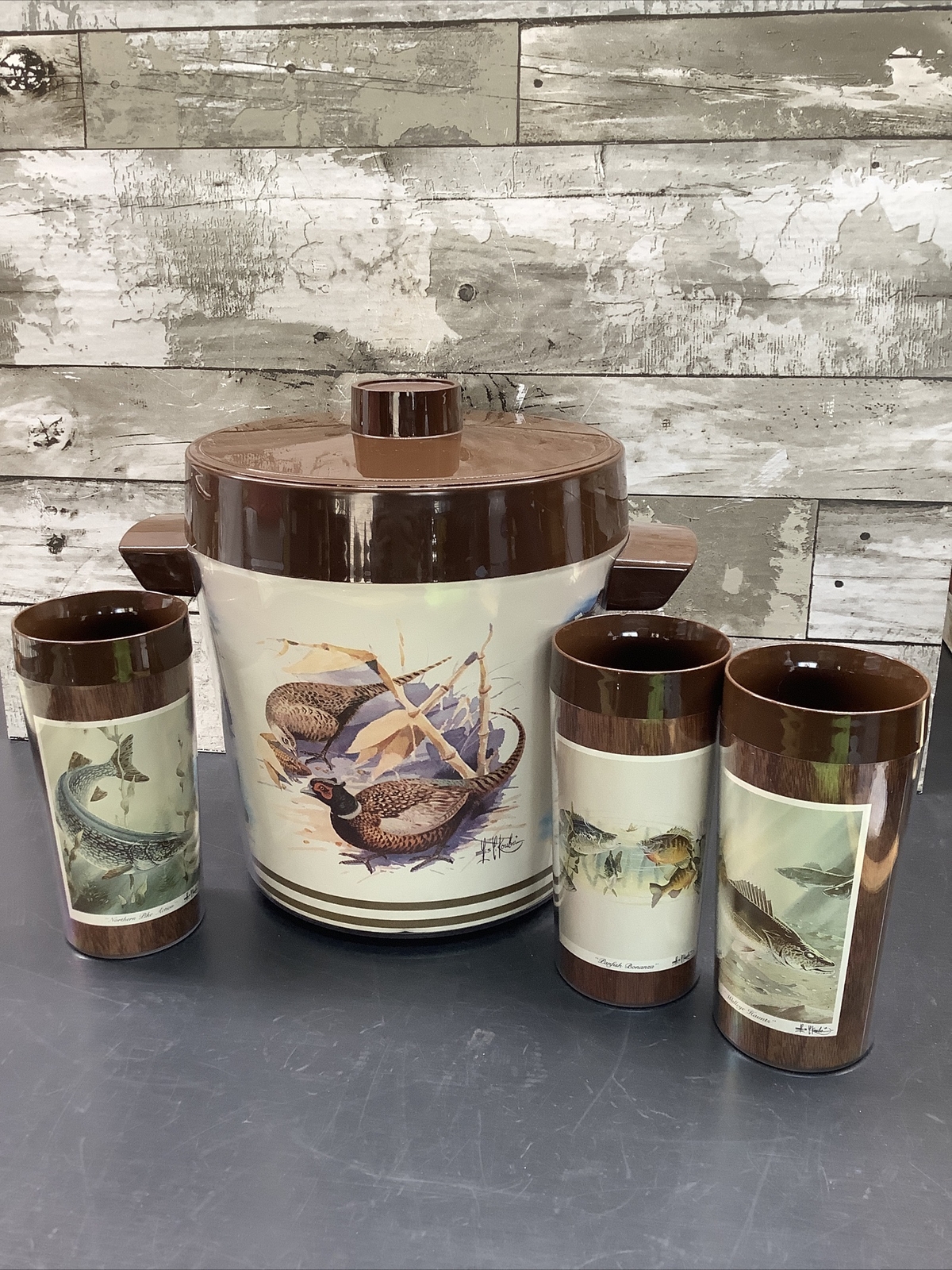 LES KOUBA 1978 Duck Ice Bucket Vintage And 1979 3 Cups With Fishes