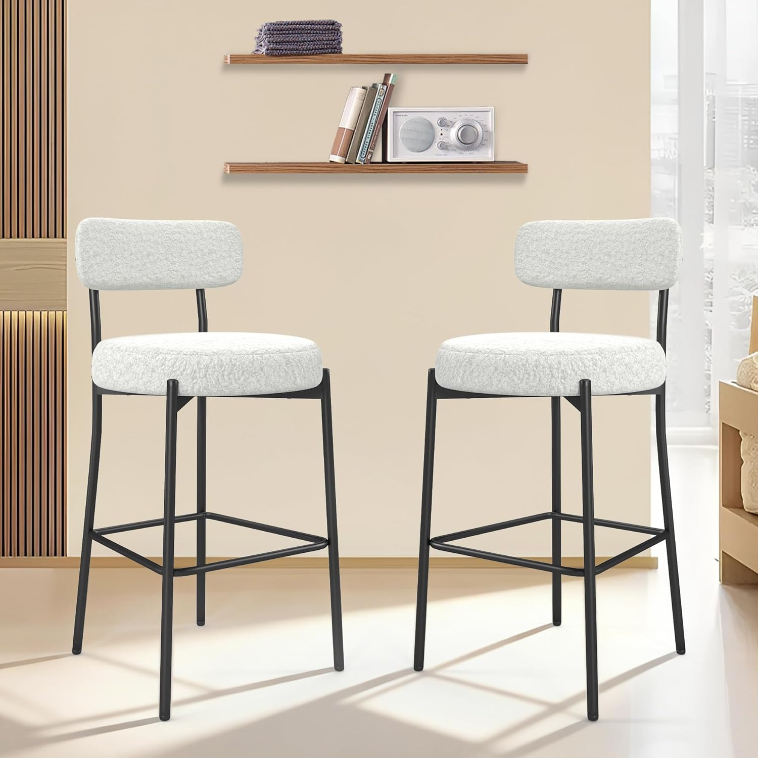 Bar Stools Set of 2, 27" White Boucle Counter Height Barstools with Back and Met