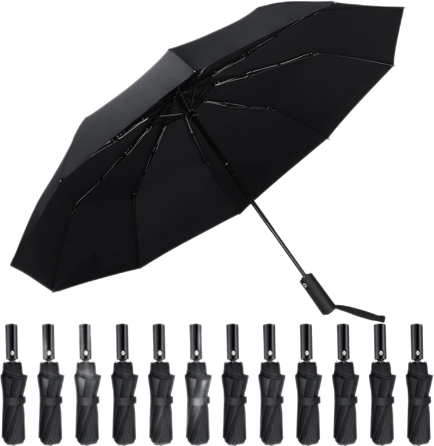 Jexine 12 Pcs Windproof Travel Umbrella 10 Ribs Automatic Open Close Black