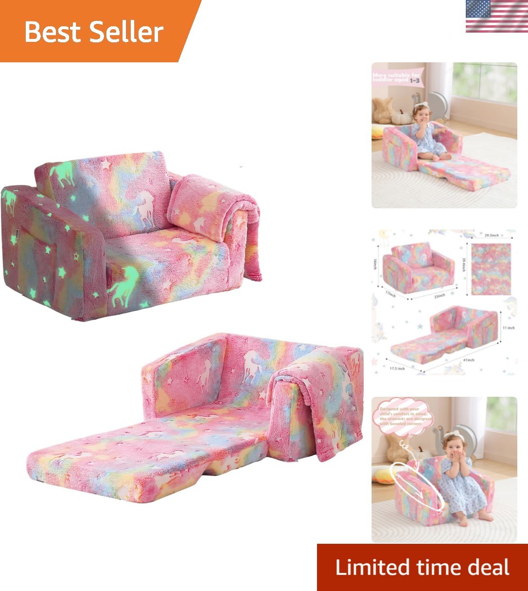 Toddler Couch Fold Out, Foldable Toddler Chair with Blanket, Flip Out Kids Co...