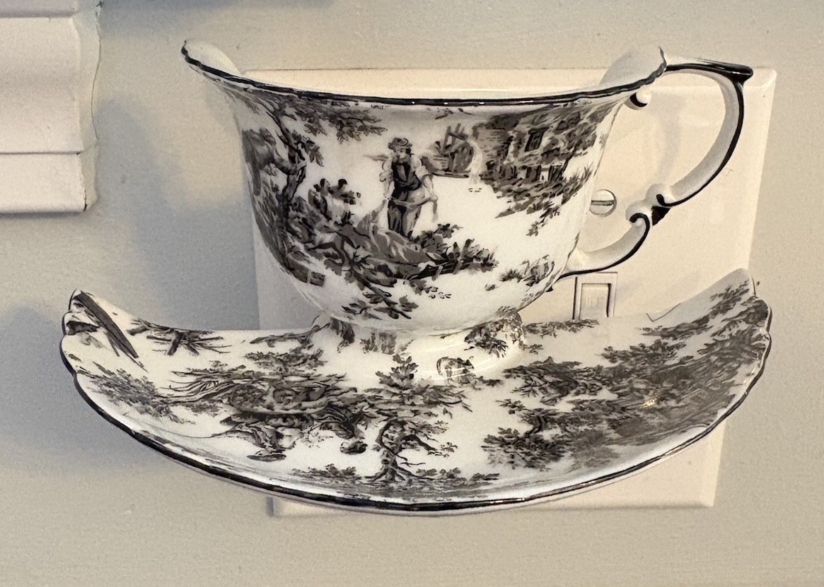 Porcelain Toile Design Teacup Night Light Black Transferware