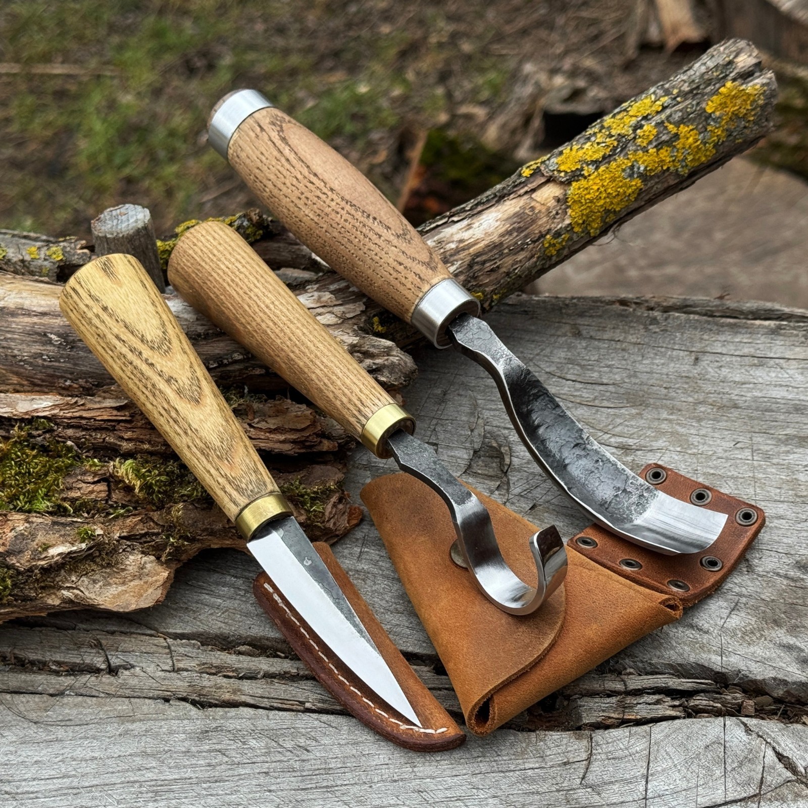 3pcs Spoon Carving Tool Set – 3'' Sloyd Knife, 1'' Hook Knife, 0.8'' Bent Gouge