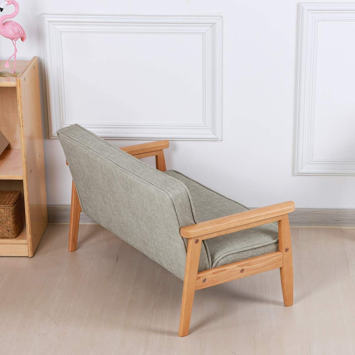 Double Seater Kid Sofa Chair, Kid Couch with Solid Wood Arm and Linen Pattern...