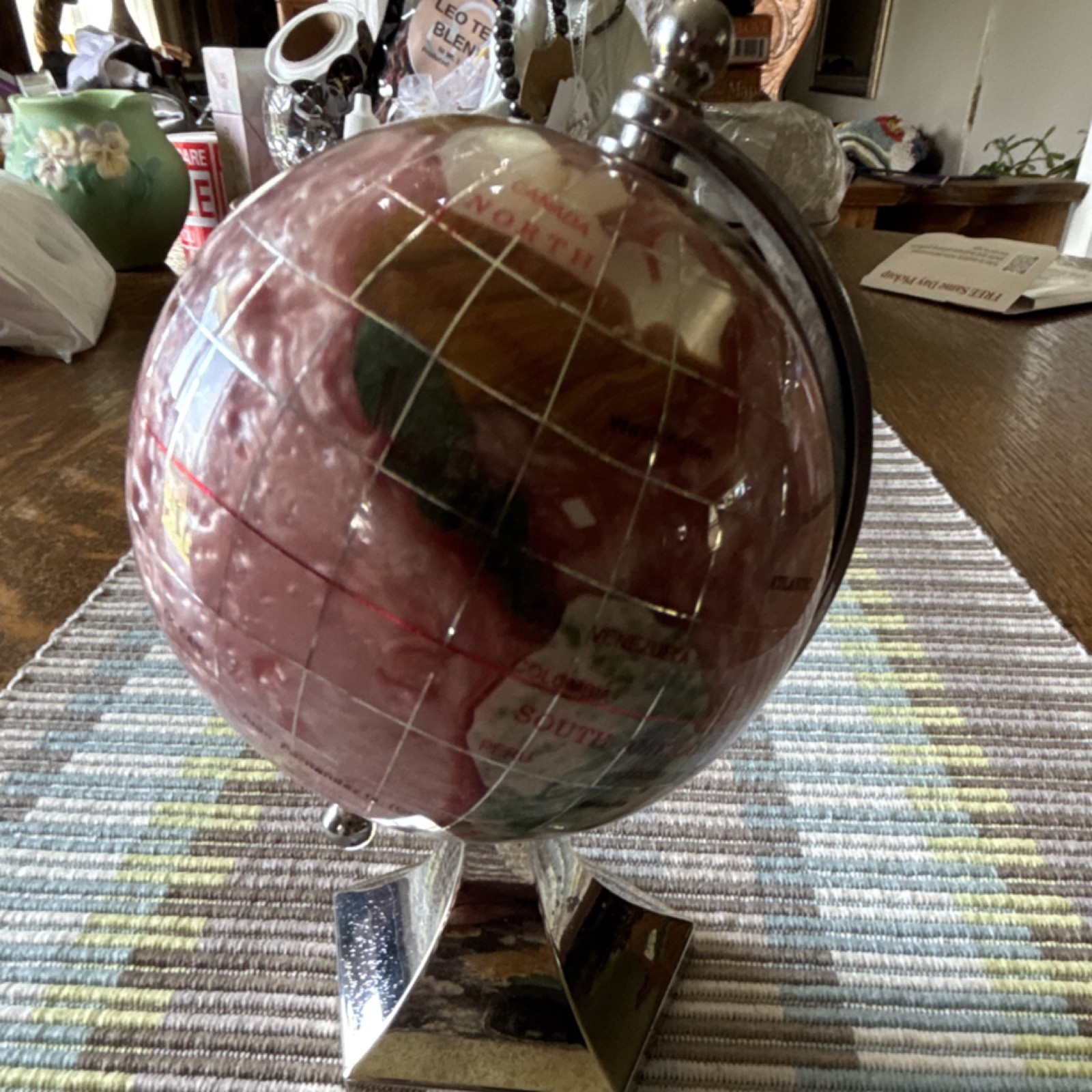 Gemstone Decorative Tabletop Globe Multicolor Metallic Base 5in Small Rotating