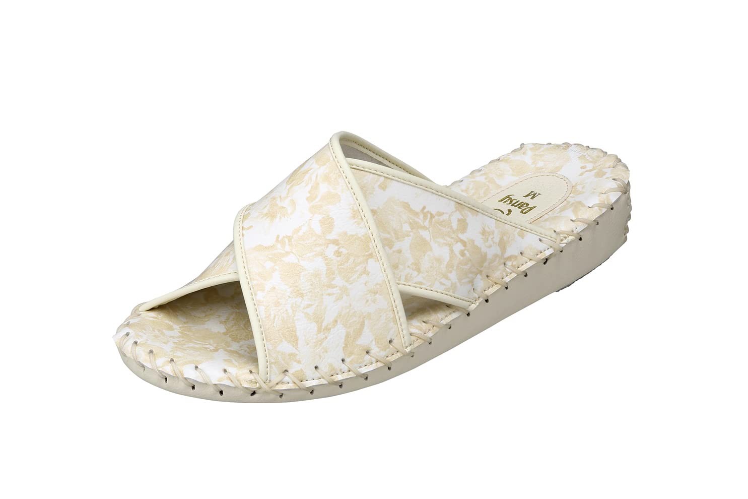 Pansy 9304 Ladies Hand-Knitted Room Slippers, Floral Print, Ivory, Size Small