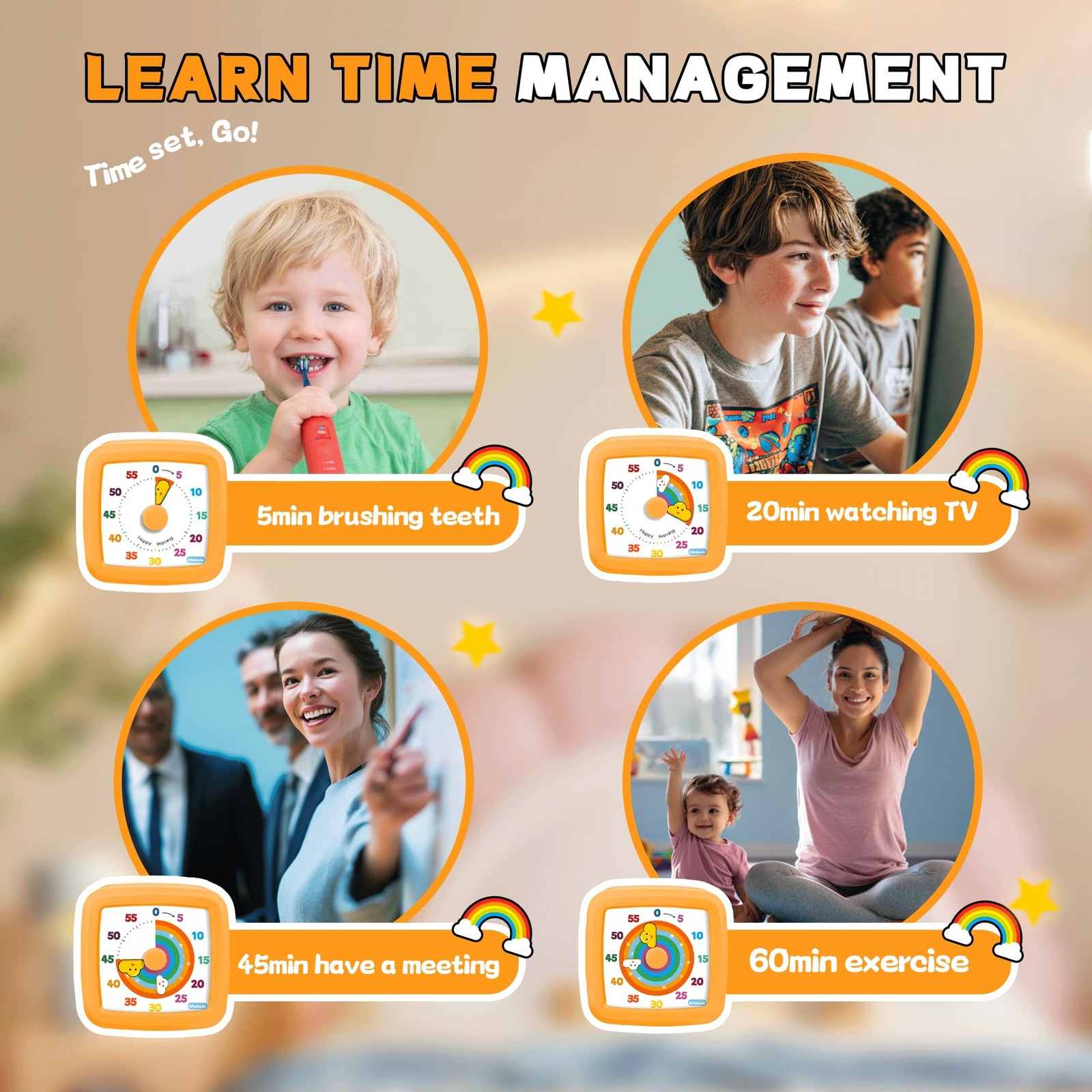 Visual Timer for Kids 60 Minute, Rainbow Countdown Clock with Silent Operation