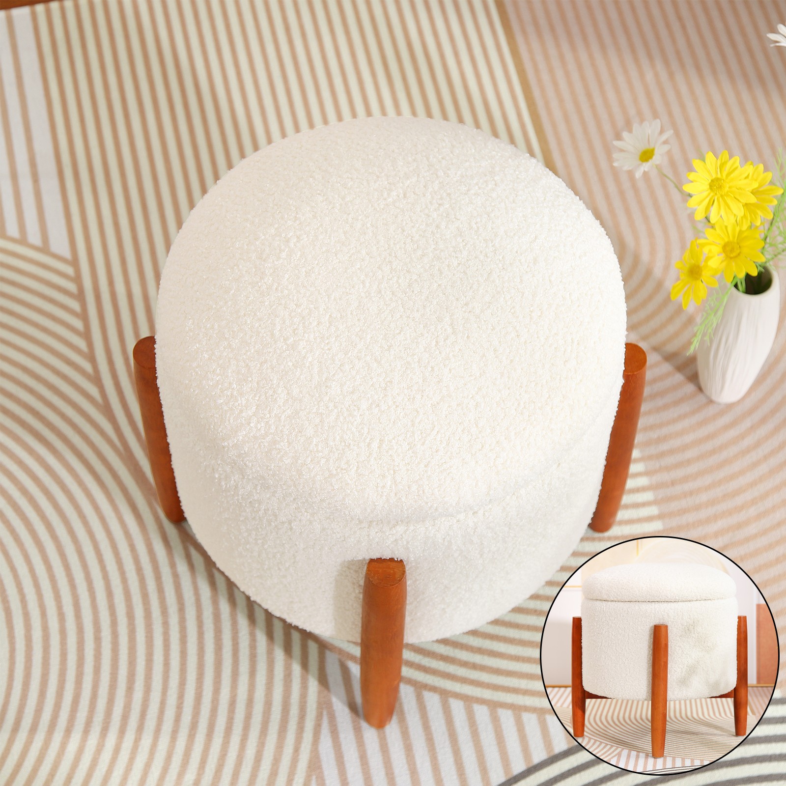 Storage Ottoman Round Footrest Storage Teddy Velvet Seat Vanity Stool Soft White