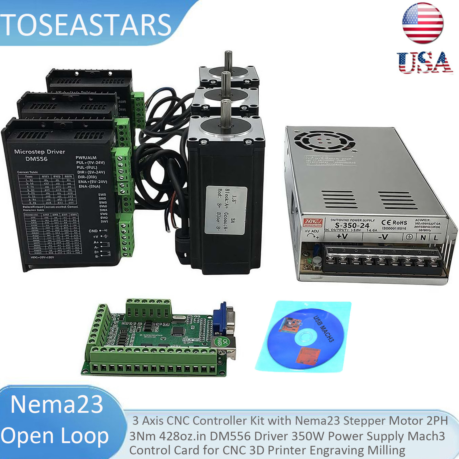 3-Axis NEMA 23 57-Step Motor 428.57 oz.in Driver Power Supply MACH3 Kit DC 1.8°