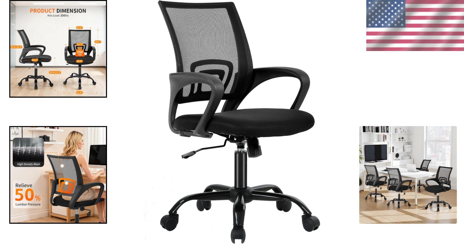 Compact Ergonomic Office Chair - Adjustable Height, Rolling Desk Chair in Black