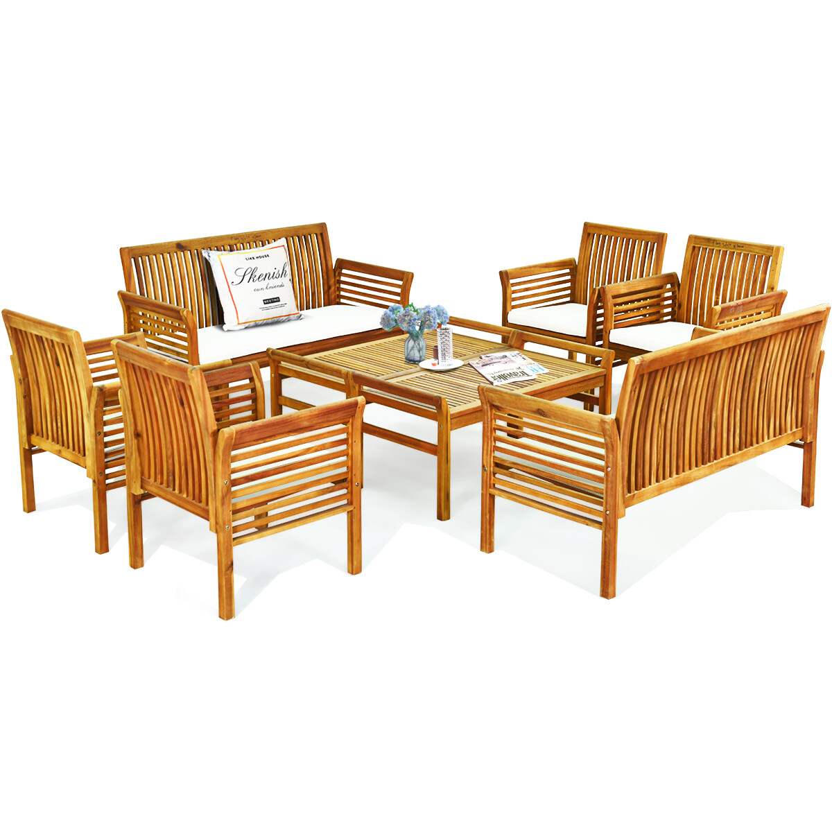 Topbuy 8 PCS Patio Acacia Wood Sofa Set Table Chairs W/ Beige Cushions
