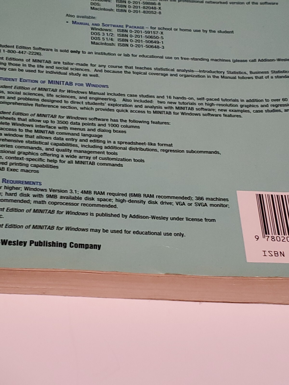 THE STUDENT EDITION OF MINITAB For WINDOWS Statistical Software 3.5 Floppy Book