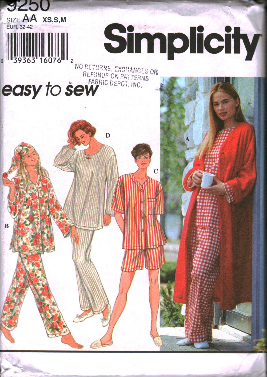 9250 Vintage Simplicity Sewing Pattern Misses Pajamas Sleepwear Robe Pants Short