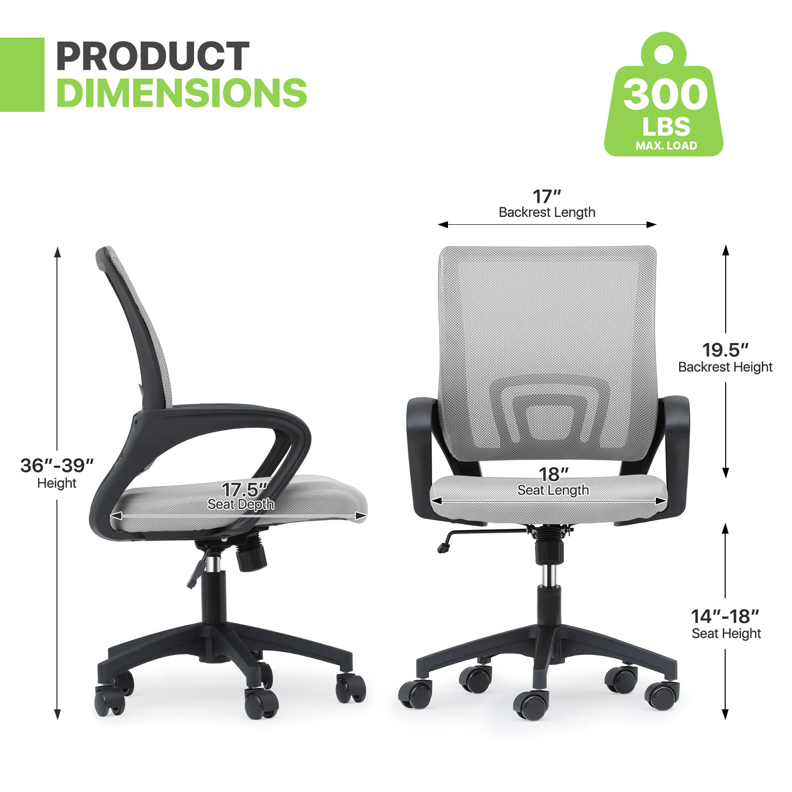 Pair Adjustable Height Computer Home Office Ergonomic Desk Mesh Chair Light Grey